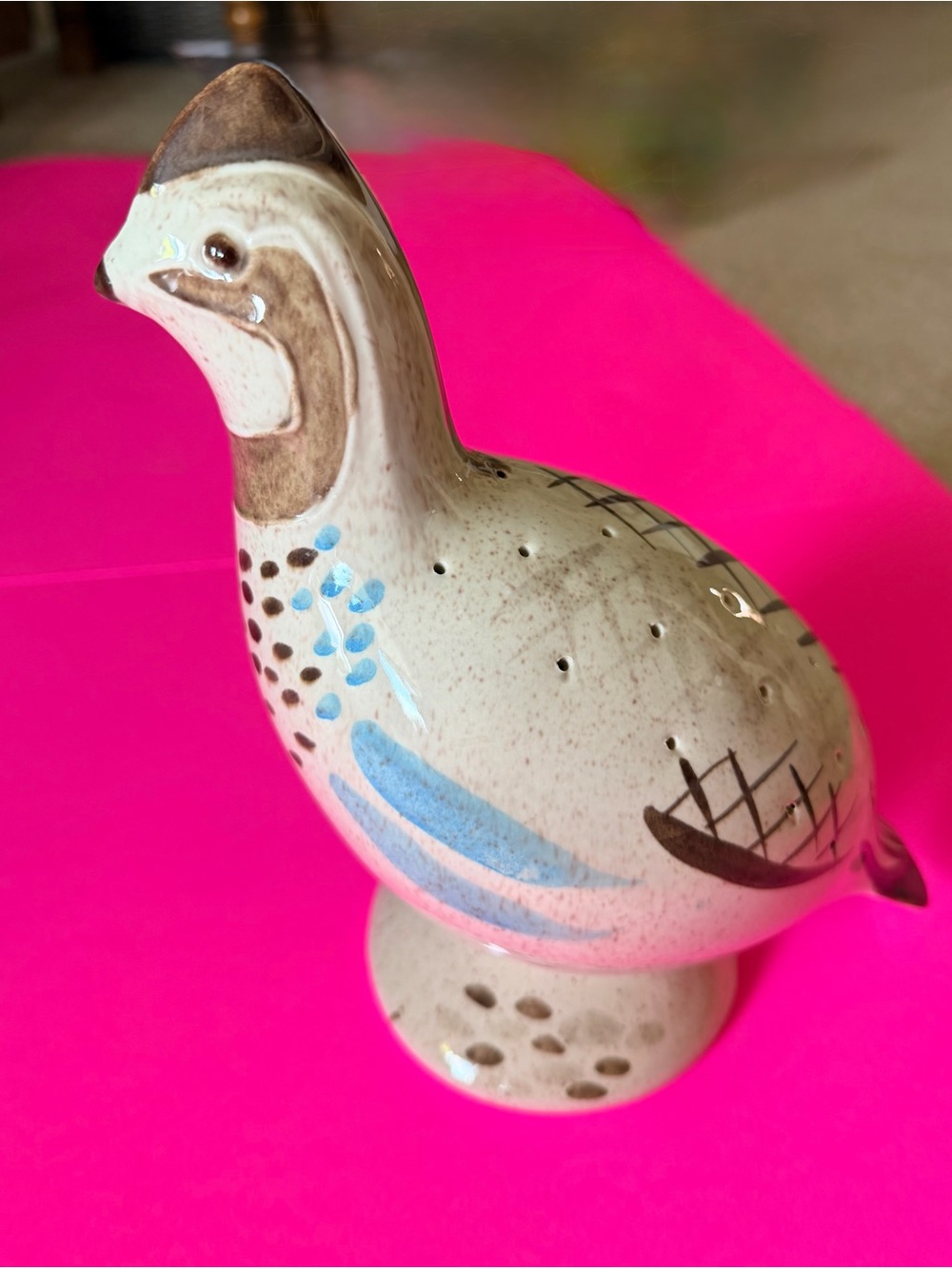 Hand-Painted Ceramic Quail Figurine in White with Blue & Brown Accents